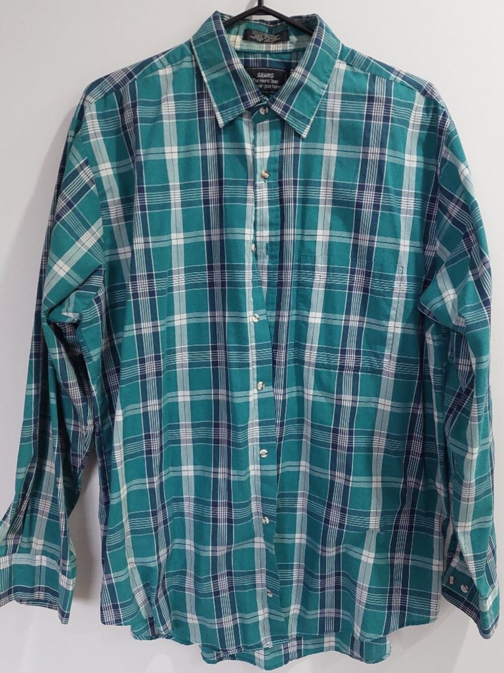 Vintage Sears Men's 16.5 Plaid Button-down Long-sleeve Shirt Green